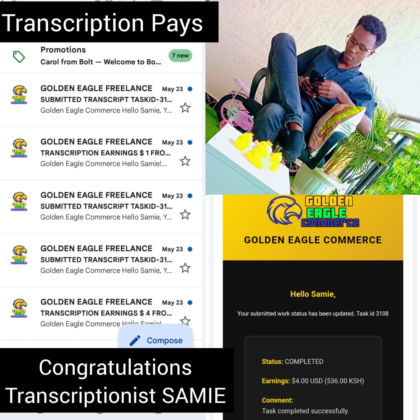How Online Transcription Jobs Changed Samie’s Life Through Golden Eagle Commerce