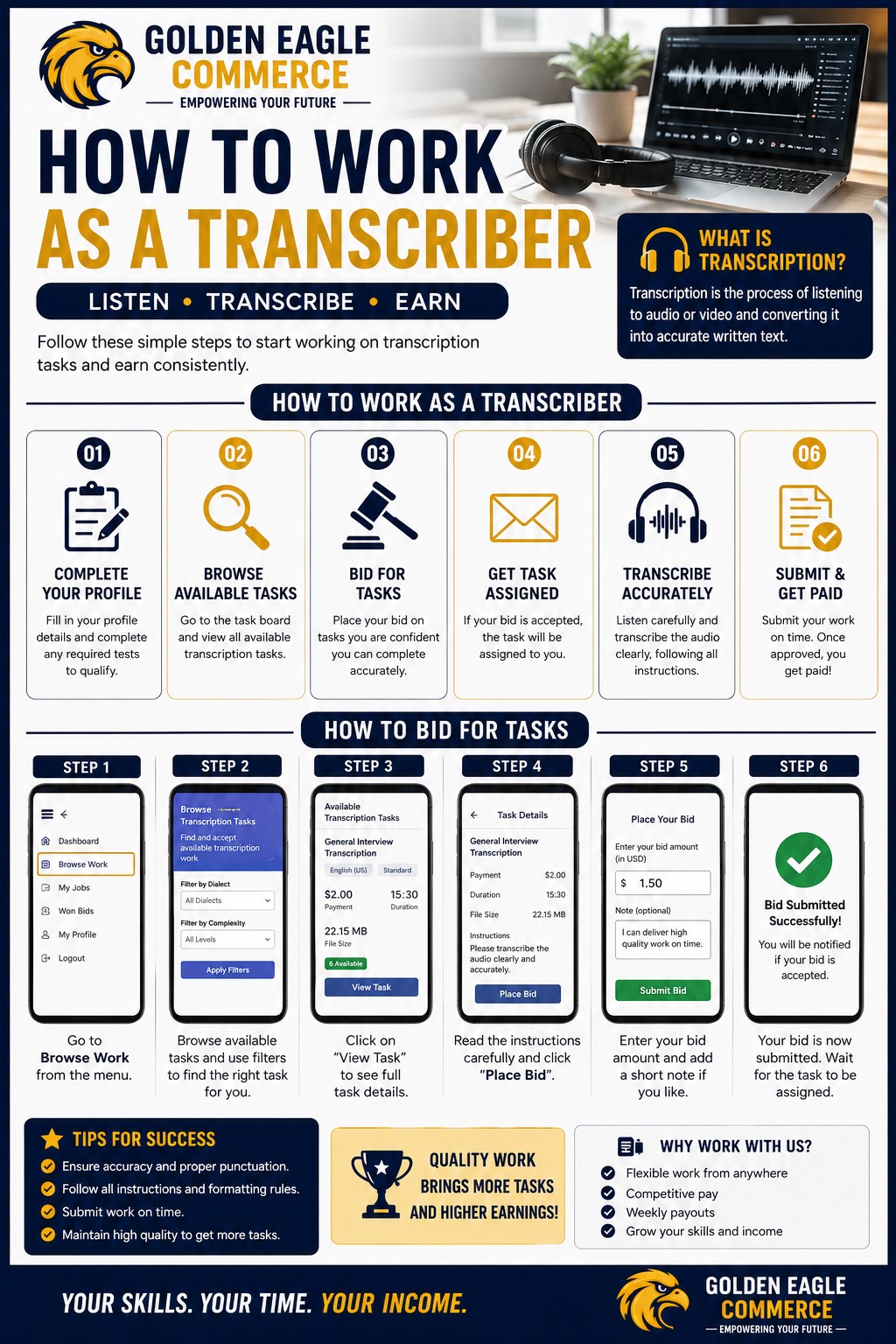 How to Bid and Complete Transcription Tasks on Golden Eagle Commerce